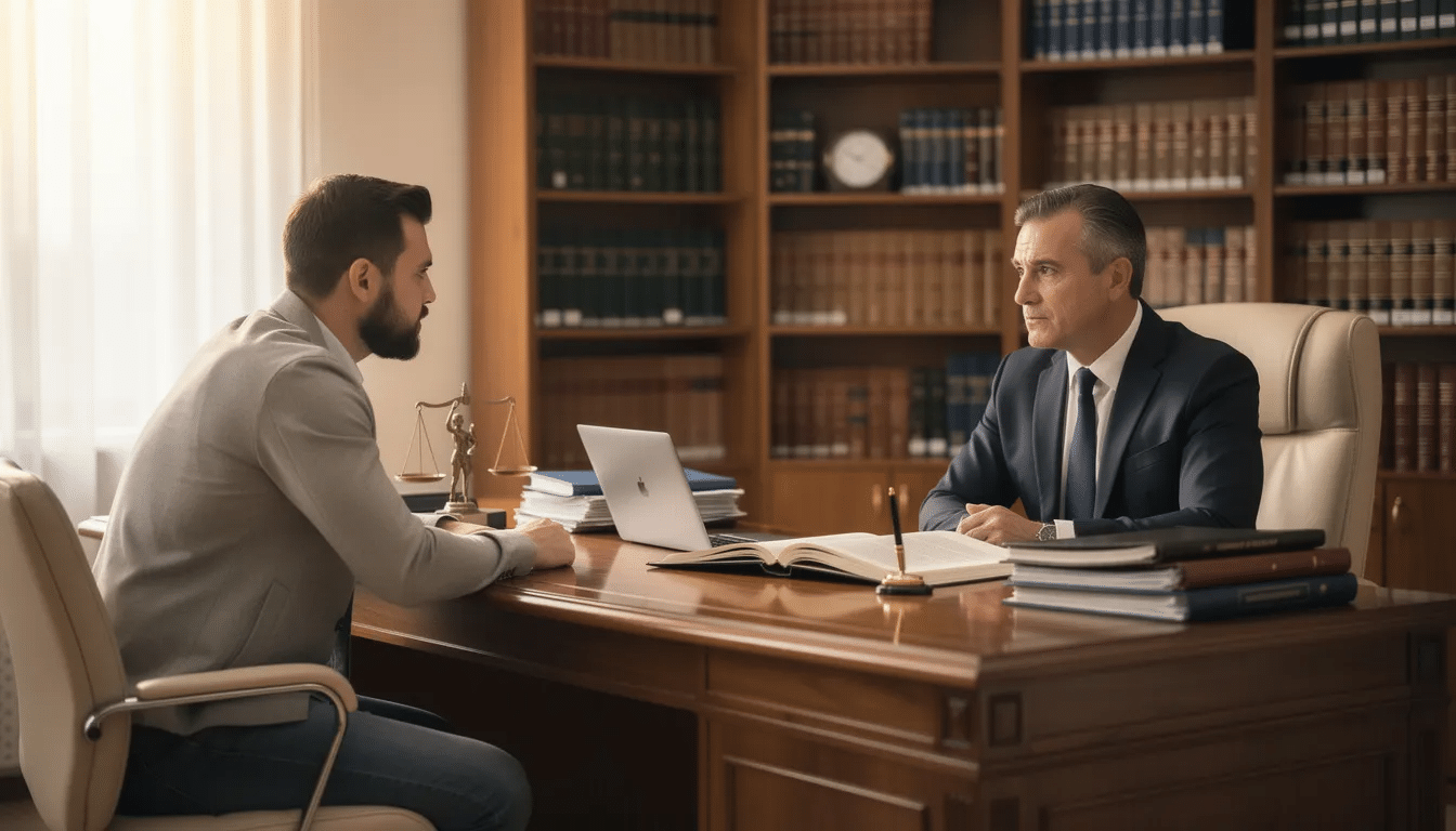 The image depicts a defense attorney engaged in a serious consultation with a client in a law office, discussing potential outcomes related to felony offenses, including the possibility of severe penalties such as life in prison or other consequences of a felony conviction. The atmosphere reflects a professional setting where legal strategies are being evaluated for the client's defense.