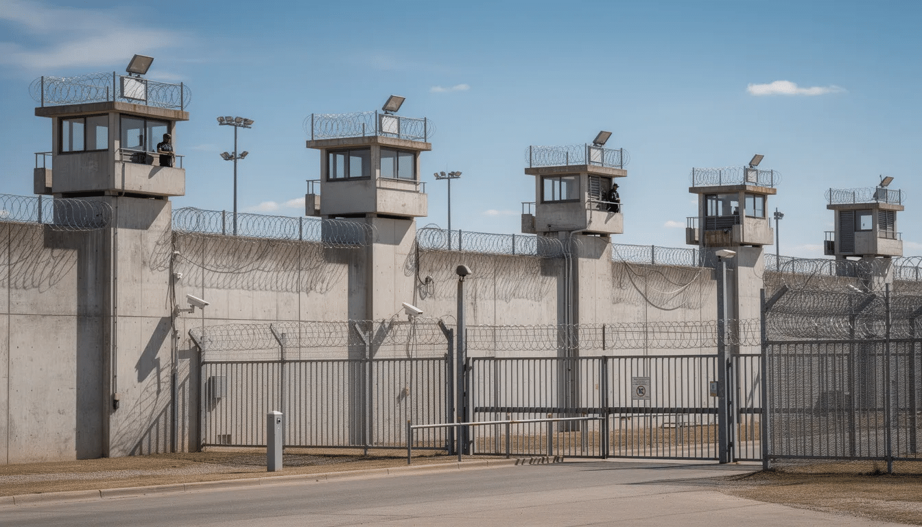 The image depicts a state prison facility characterized by high walls and security towers, emphasizing the strict measures in place for individuals convicted of severe felonies. This environment is often associated with long prison terms and the serious consequences of felony offenses.