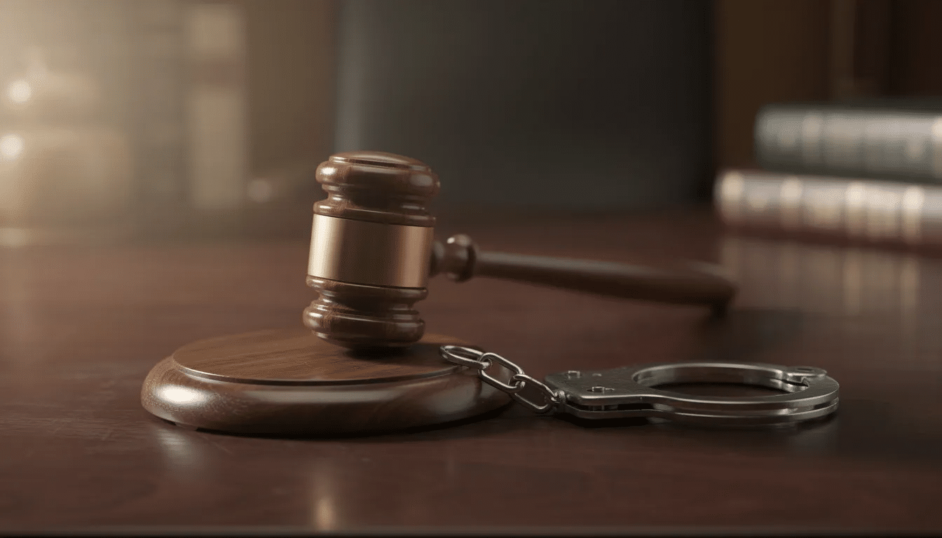 The image depicts a judge's gavel resting beside a pair of handcuffs on a wooden desk, symbolizing the legal system and the serious consequences of felony convictions. This scene evokes thoughts of the courtroom, where a judge decides the fate of defendants facing severe felonies and potential prison time.
