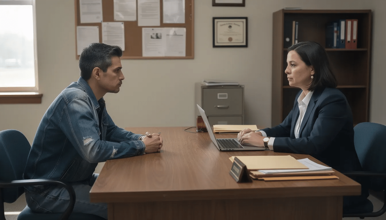 The image depicts a person meeting with a probation officer at a desk in an office setting, discussing the terms of their probation following a felony conviction. The atmosphere is professional, highlighting the serious nature of the conversation regarding the individual's felony record and the associated penalties.