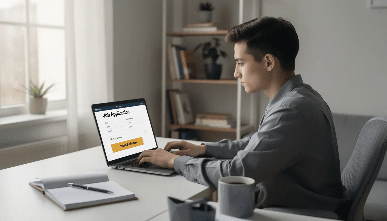 The image shows a person sitting at a desk, focused on a computer screen while filling out a job application form. The setting conveys a sense of determination, possibly reflecting on how a felony conviction may affect their job prospects and civil rights.