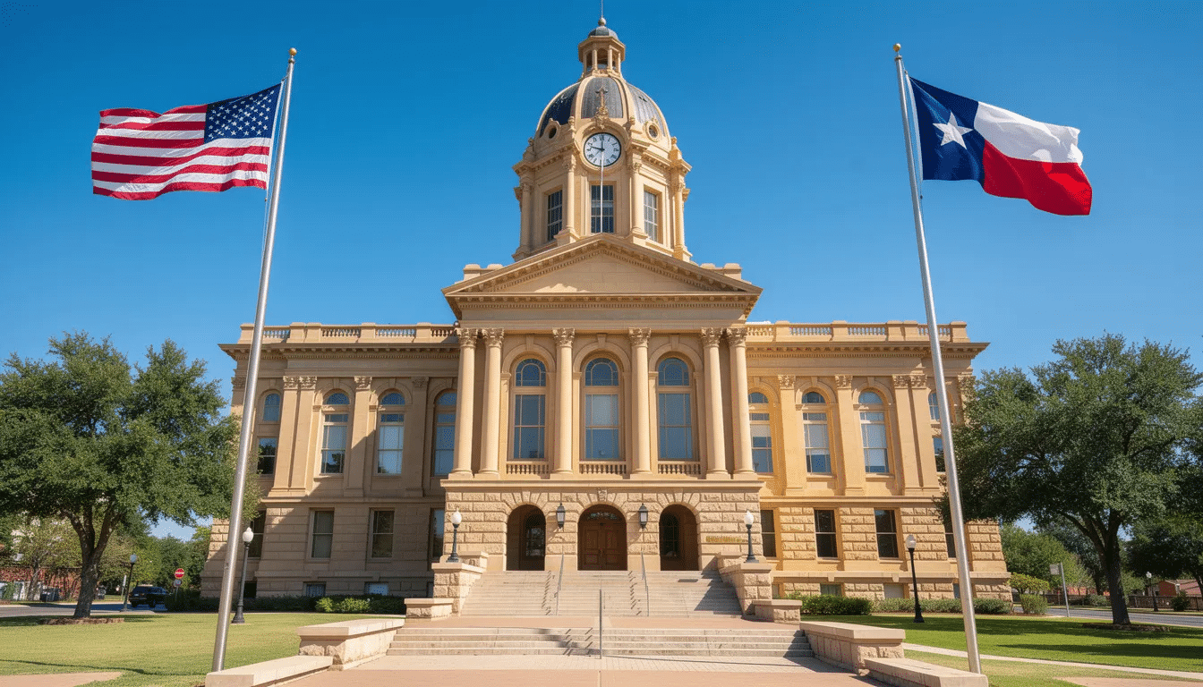 The image depicts a Texas state courthouse prominently displaying the American and Texas flags. The building's architecture conveys a sense of authority and justice, symbolizing the legal framework surrounding issues such as unlawful restraint and related criminal offenses.