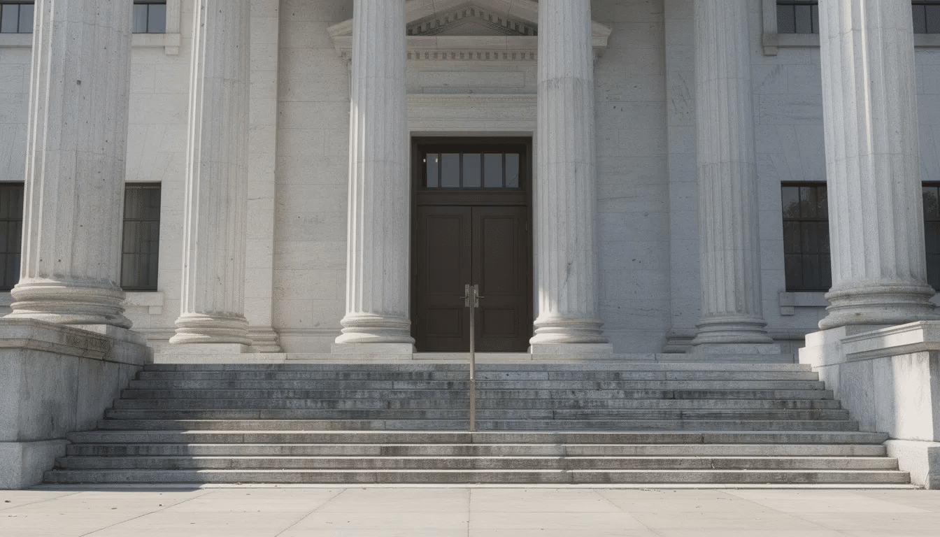 The image depicts the entrance of a courthouse featuring grand stone columns and a set of steps leading up to the doors, symbolizing the serious nature of legal proceedings, including cases involving unlawful restraint charges and other criminal offenses. The architectural details convey a sense of authority and justice, where individuals may seek legal representation for various charges under the Texas penal code.