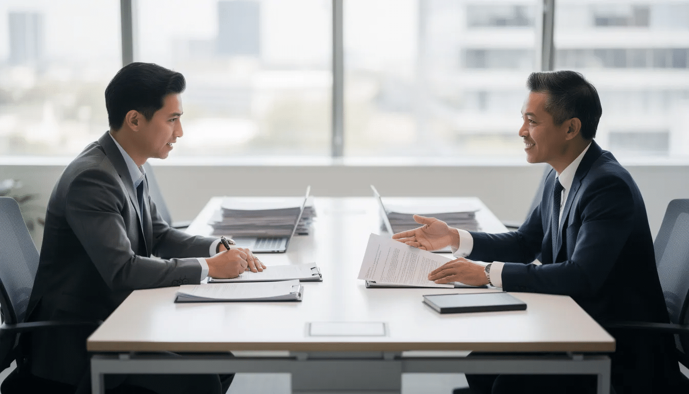 The image depicts a professional meeting between two individuals seated at a desk, engaged in discussion over various documents. The setting suggests a serious conversation, possibly concerning legal matters or regulations related to the Texas penal code and carrying of weapons.