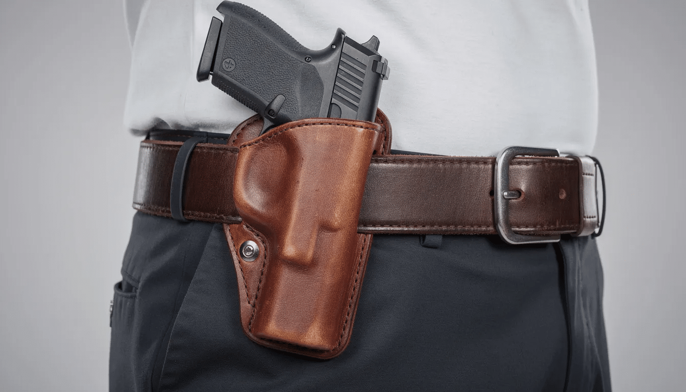 The image shows a handgun securely fastened in a leather belt holster, emphasizing the importance of lawful carrying of weapons in accordance with Texas gun laws. This setup highlights how a person may carry a concealed handgun in a manner that complies with regulations.