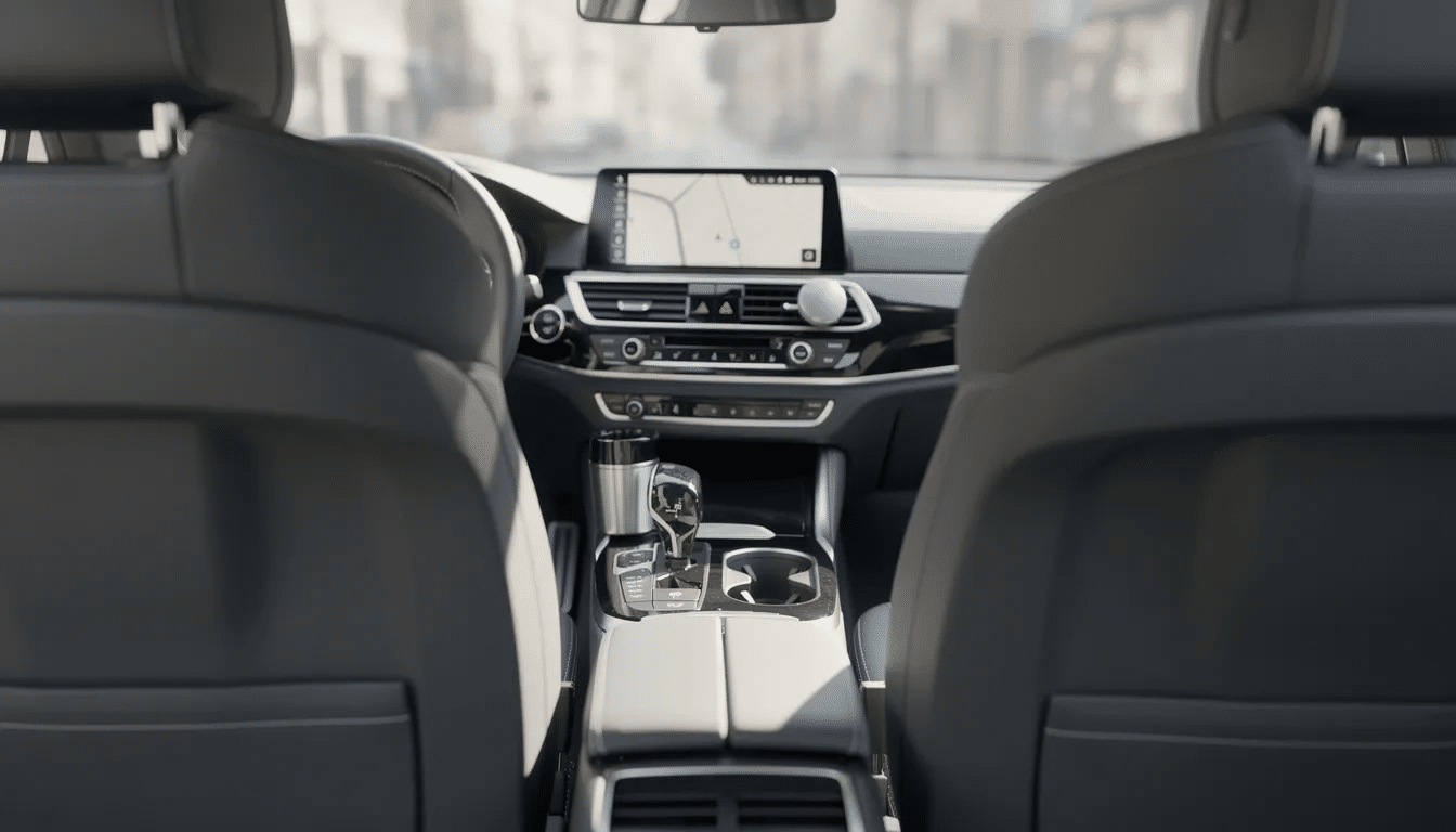 The image depicts the interior of a car, focusing on the center console and front seats, showcasing a modern design with various controls and a comfortable seating arrangement. The scene emphasizes the vehicle's functionality, highlighting the importance of safety and adherence to laws, such as those regarding unlawful carrying of weapons in a motor vehicle.