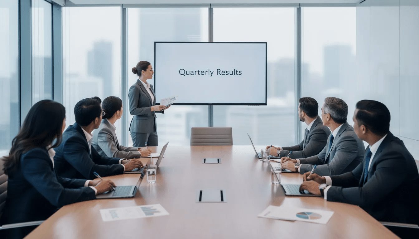 The image shows a group of professional office workers engaged in a serious meeting, discussing important topics related to their business. They appear focused and collaborative, highlighting the dynamics of teamwork in a corporate environment.
