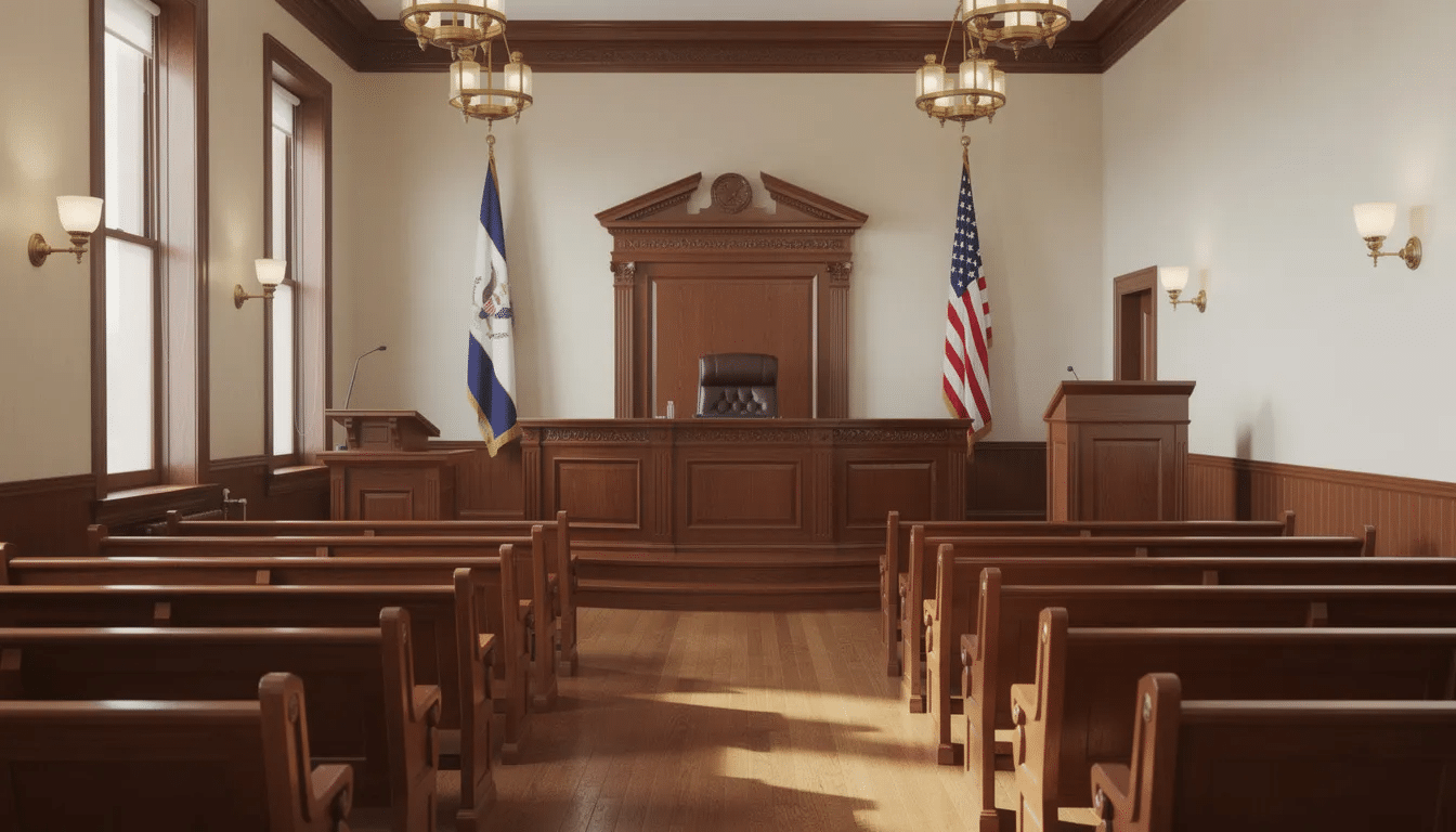 The image depicts the interior of a courtroom featuring wooden benches, a judge's bench, and an American flag, symbolizing the legal process where defendants, such as those entering a guilty plea or not guilty plea, seek justice during their court appearance. This setting is where crucial decisions are made regarding criminal charges and the rights of the accused.