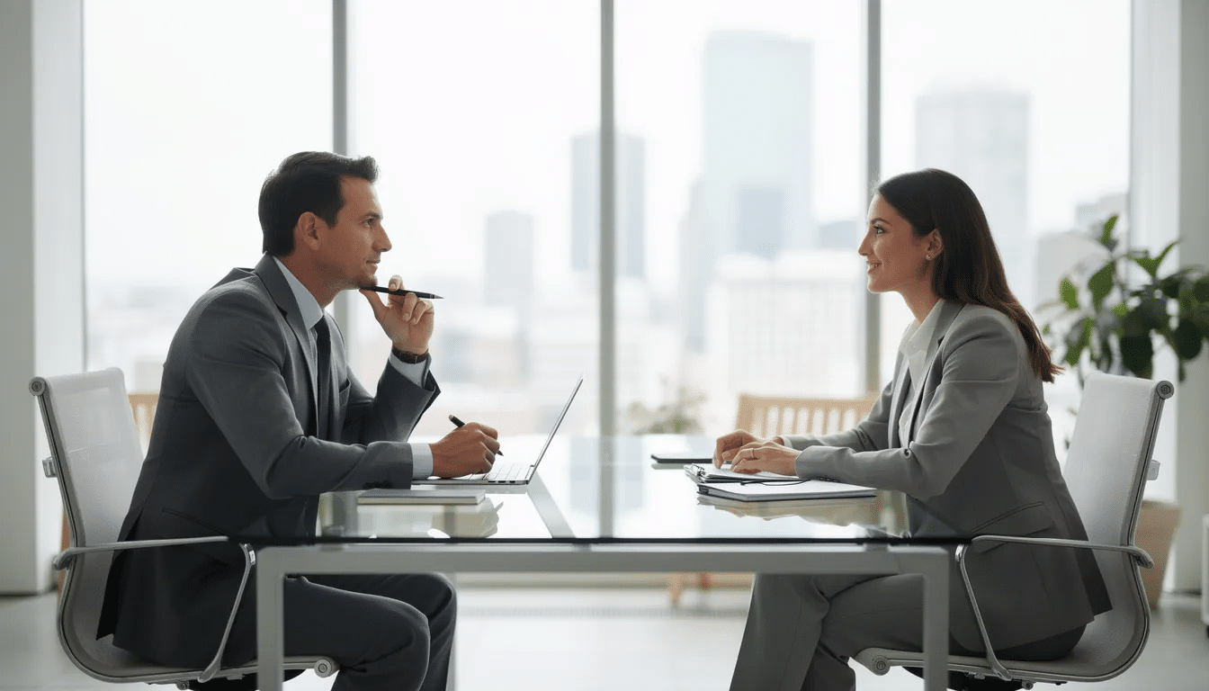 The image depicts two individuals engaged in a professional conversation within a modern office, suggesting a discussion about legal matters, possibly related to domestic violence cases. The setting reflects a serious atmosphere, indicating the importance of legal representation in addressing issues like family violence or domestic assault.
