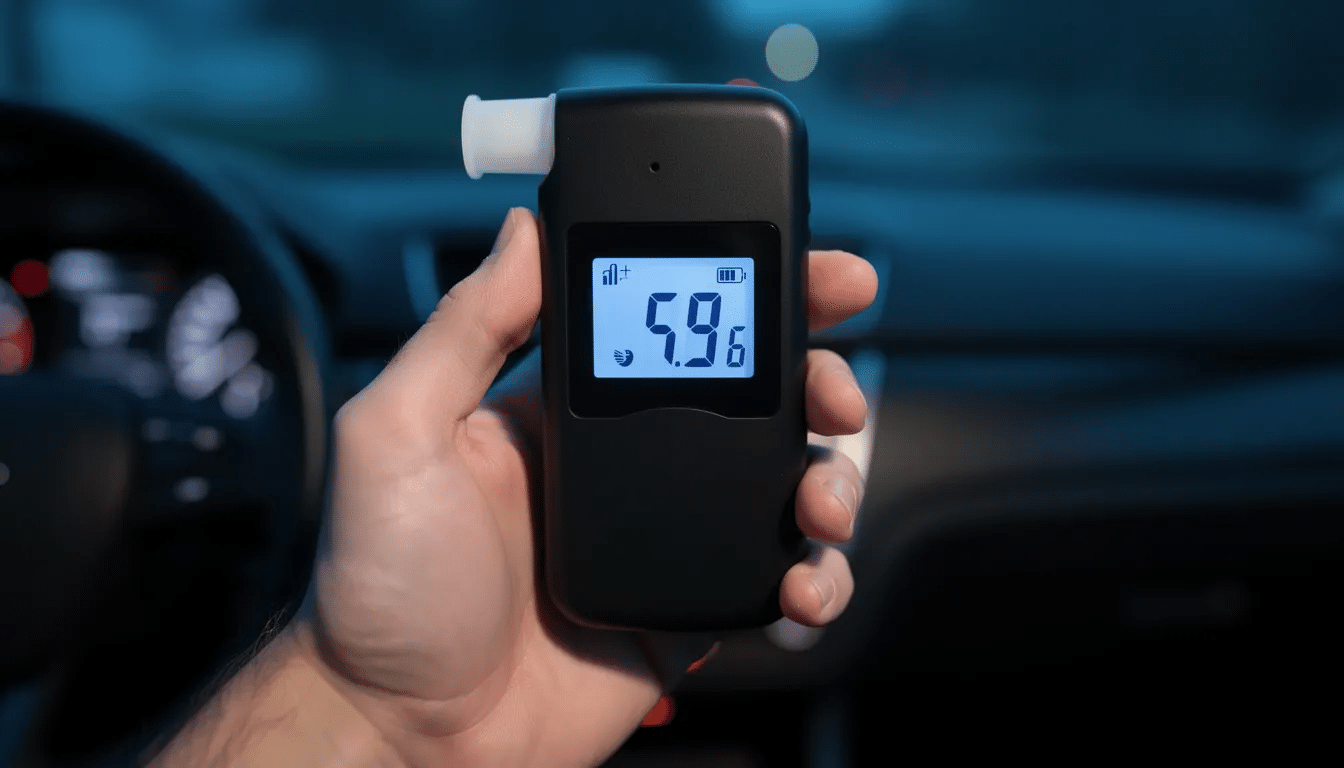 The image shows a person holding a breathalyzer device, which is commonly used by law enforcement officers to measure blood alcohol concentration during a traffic stop. This device plays a crucial role in DWI cases, as it provides evidence that can impact the prosecution's case and potential outcomes, such as getting a DWI dismissed or facing harsher penalties.