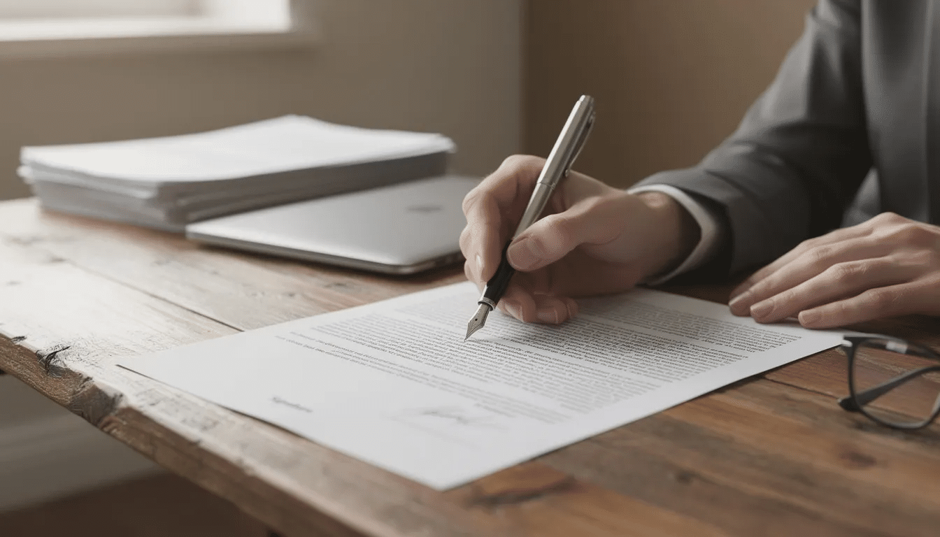 A person is seated at a wooden desk, intently signing legal documents with a pen, symbolizing the process of seeking legal assistance in a domestic violence case. The scene reflects the importance of legal representation for individuals facing domestic violence charges and navigating the complexities of the legal system.