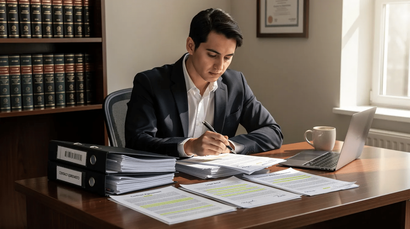 The image shows a person intently reviewing legal documents on a desk, surrounded by papers related to criminal records and court processes. They appear to be preparing for a case involving an arrest record, possibly discussing next steps with an attorney or preparing a petition to expunge their criminal history.