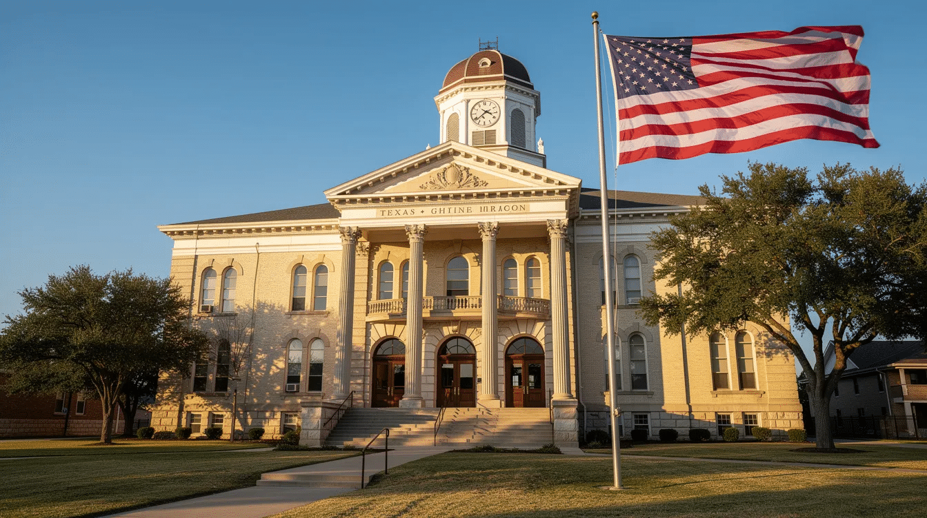 The image features a Texas courthouse building prominently displaying the American flag. This structure represents a key location for legal processes, including those related to criminal records and district court cases.