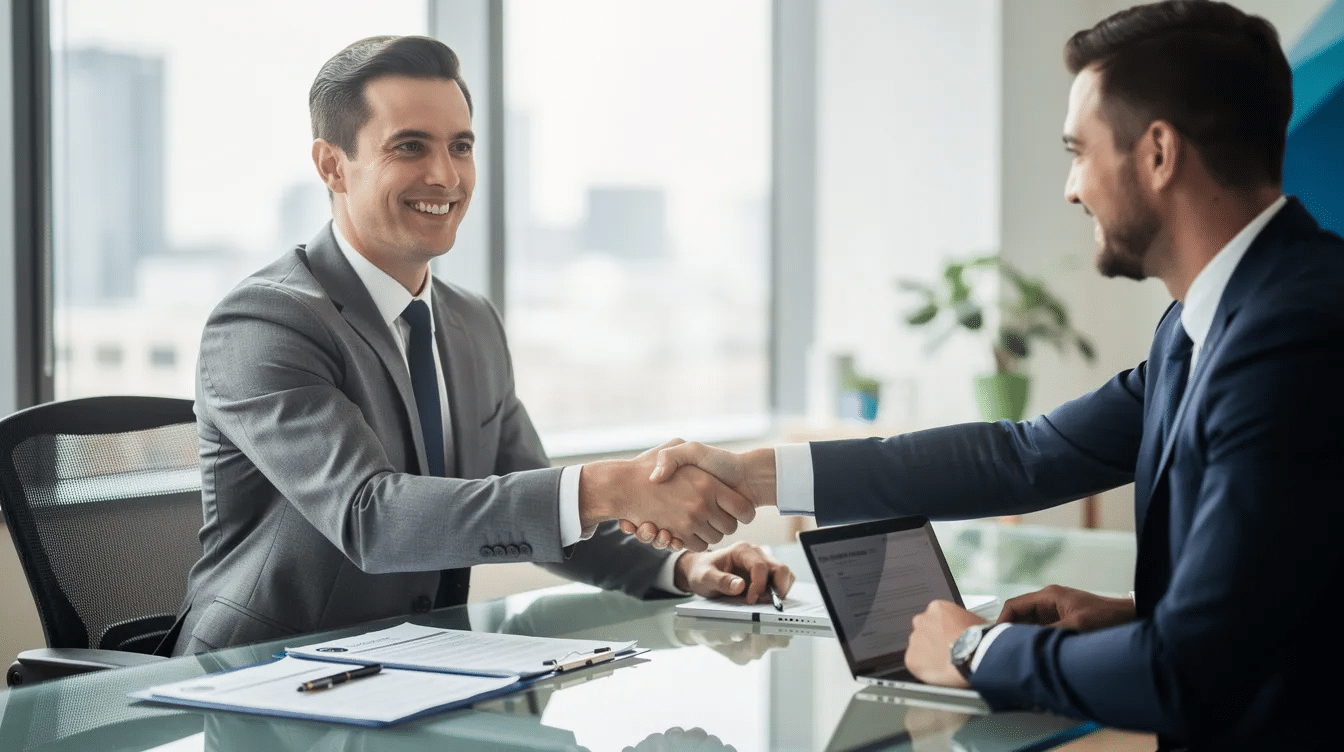 The image depicts a confident professional in business attire shaking hands with an interviewer, symbolizing a successful job interview. The atmosphere conveys a sense of professionalism and mutual respect, highlighting the importance of making a positive impression in career opportunities.