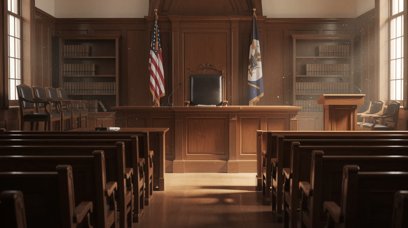 The image depicts a courtroom featuring wooden benches and an empty judge's chair, symbolizing the serious legal process surrounding cases such as drug possession in Texas. This setting serves as a reminder of the potential consequences and penalties associated with offenses like meth possession under the state's health and safety code.